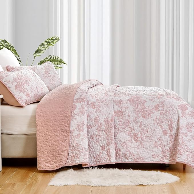 WONGS BEDDING Quilt Set Queen Size, 3 Pieces Pink Floral Plants Printed - Image 4