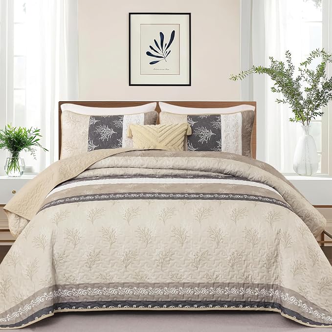 DJY Beige Quilt Set King Size Striped Bedspread Coverlet Set 3 Pieces Boho - Image 2