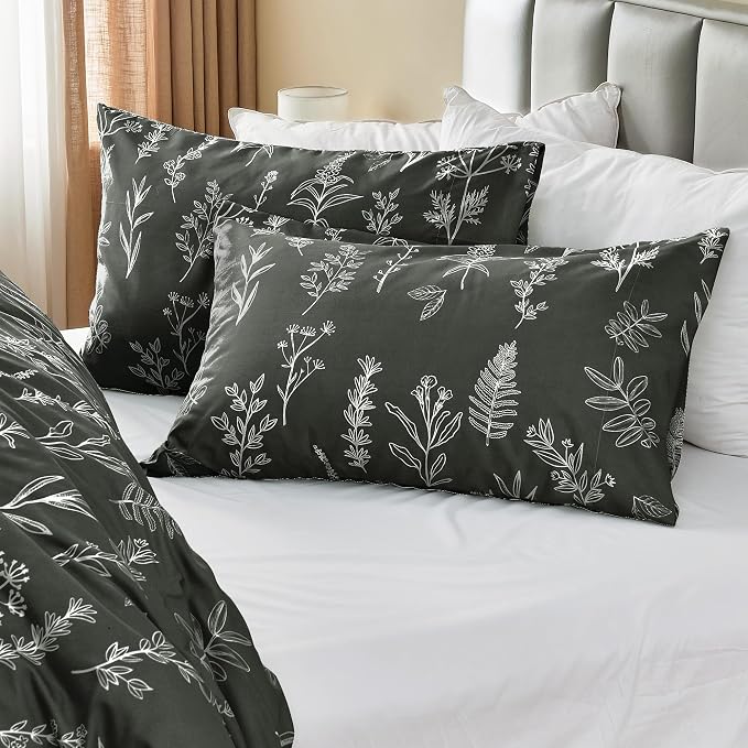 MUXHOMO Duvet Cover King Size, Reversible Floral Dark Grey Duvet Cover Set - Image 6