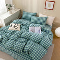 mixinni Green Gingham Grid Duvet Cover King, 100% Washed Cotton Modern by mixinni