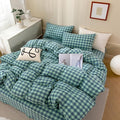 mixinni Green Gingham Grid Duvet Cover Queen, 100% Washed Cotton Modern by mixinni