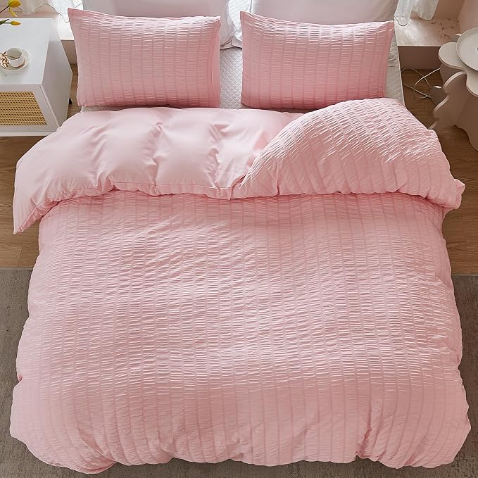 AveLom Blush Pink Seersucker Duvet Cover Set King Size, 3 Pieces, Ultra Soft - Image 7