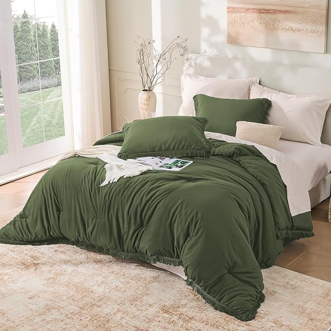 Andency Oversized King Size Comforter Set Olive Green 128x120, 3 Pieces Boho - Image 6
