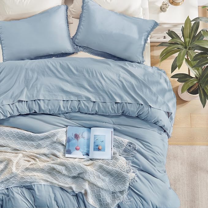 Andency Grayish Blue Comforter Set Full Size, 3 Pieces Boho Tassel Lightweight - Image 4