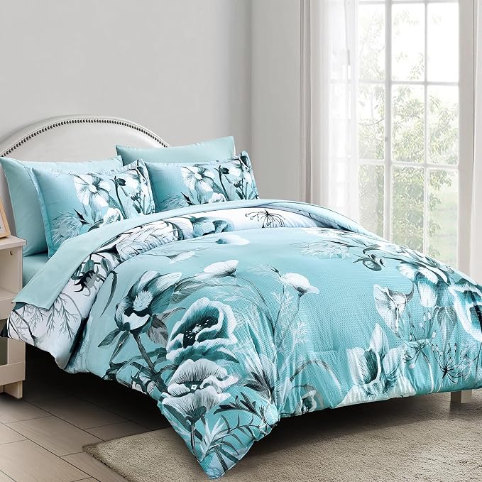 Luxudecor Floral Comforter Set Queen Size 7 Piece, Aqua Flower Bed in a Bag - Image 2