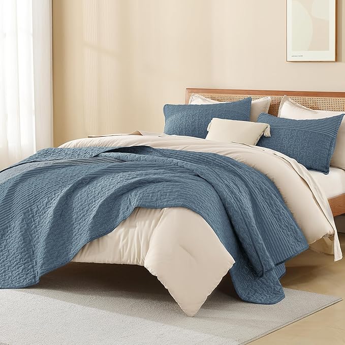 Litanika Oversized King Quilt Set Blue Linen, 128x120 Stripe Bedspread Coverlet - Image 4