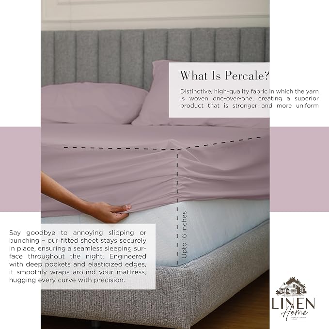 Linen Home 100% Cotton Percale Sheets Twin XL Size, Mauve Lavender, Deep Pocket - Image 4