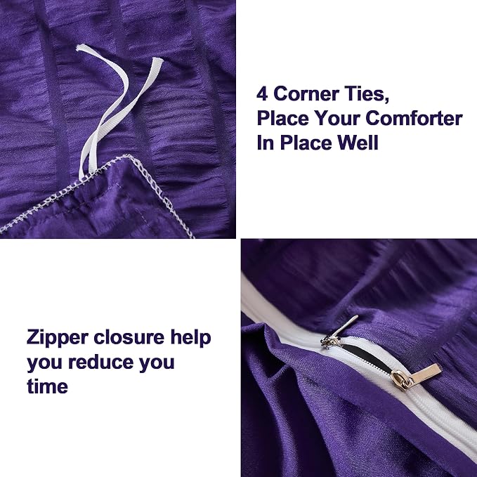 AveLom Seersucker Duvet Cover Set Queen Size, 3 Pieces, Dark Purple Ultra Soft - Image 4