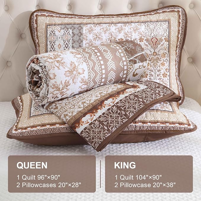 WONGS BEDDING Brown Quilt Set Queen Size, Bobo Floral Bedspread Coverlet Set - Image 6
