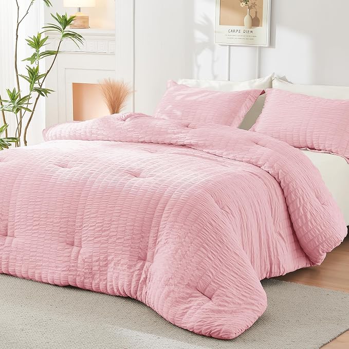 HYMOKEGE Pink/Ivory California King Comforter Set Seersucker 7 Pieces, All - Image 8