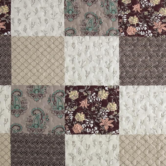 Xruibed Floral Plaid Patchwork Fall Quilt Set Queen Size 3 Pieces Taupe Beige - Image 5