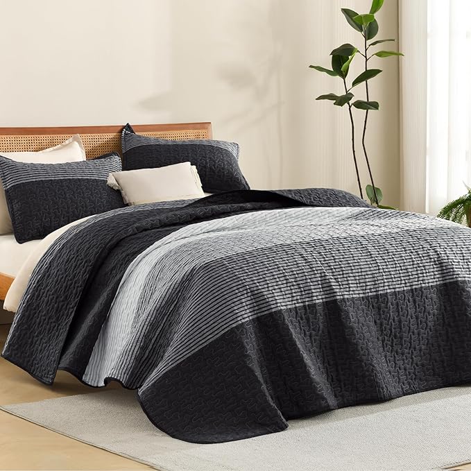 Litanika Oversized Queen Quilt Set Black and White, 98x98 Stripe Bedspread by Litanika