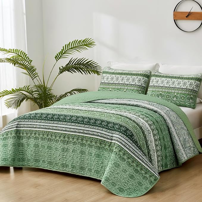WONGS BEDDING Boho Queen Quilt Set, Light Green Bohemian Quilt Bedding Set - Image 2