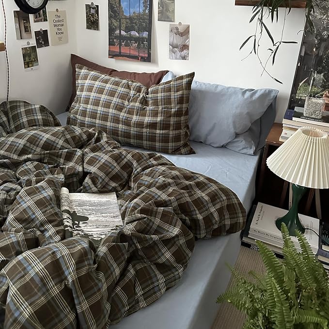 mixinni Vintage Brown & Blue Buffalo Plaid Duvet Cover Set Twin Size - Image 7