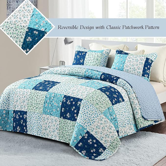 Whale Flotilla Patchwork Quilt King Size, Extra Soft Boho Floral Bedspreads - Image 2