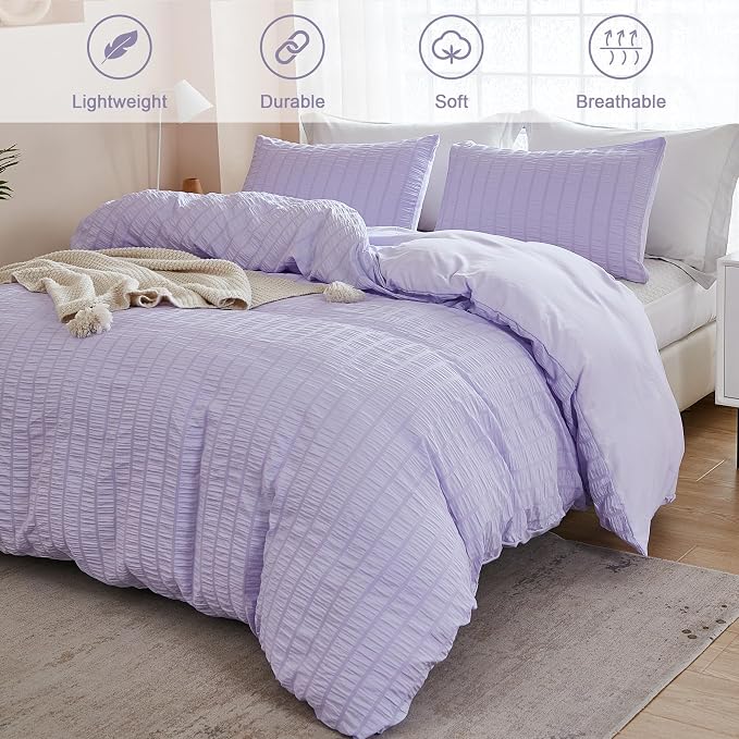 AveLom Lavender Purple Seersucker Duvet Cover Set Queen, 3 Pieces, Ultra Soft - Image 2