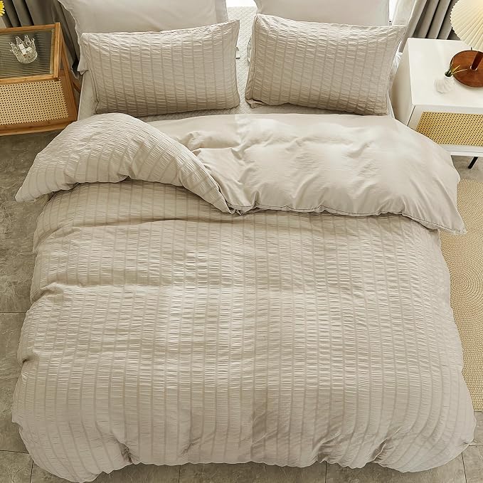 AveLom Beige Seersucker Duvet Cover Set Full Size, 3 Pieces, Ultra Soft Washed - Image 7
