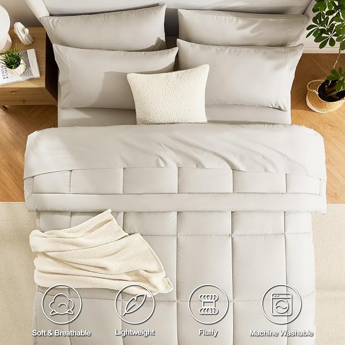 CozyLux Full Size Comforter Sets Beige, 7 Pieces Bed in a Bag, All Season - Image 2