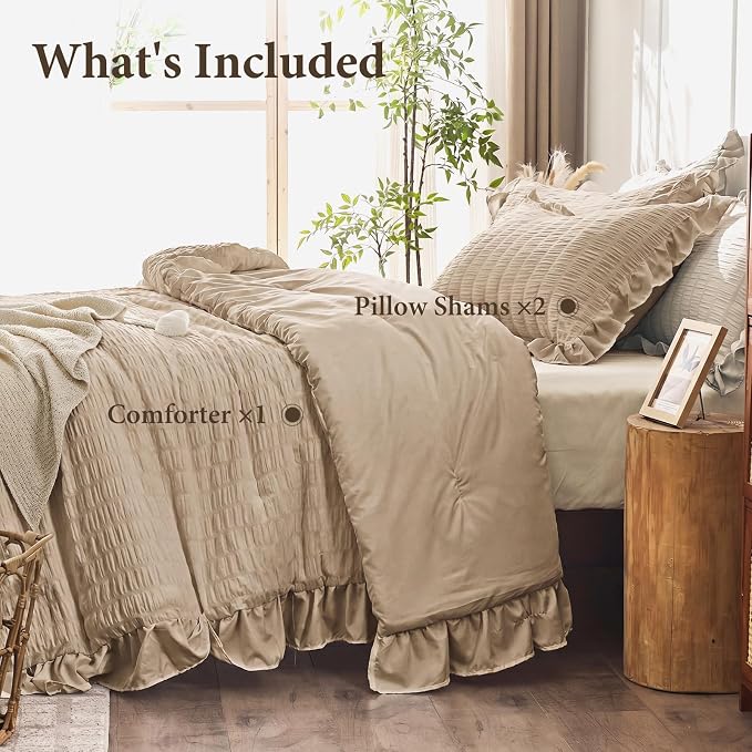 JOLLYVOGUE Queen Comforter Set, 3 Pieces Khaki Seersucker Comforters Queen Size - Image 7