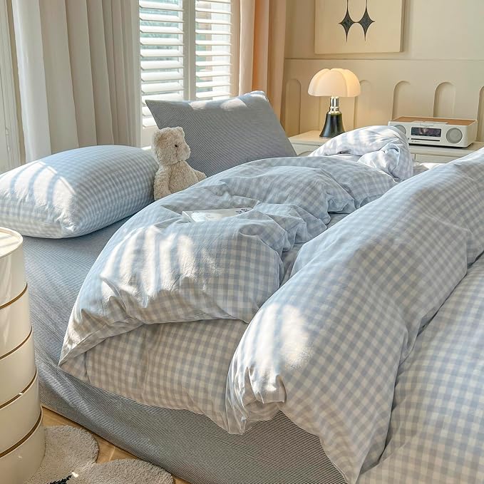 mixinni Light Blue Gingham Duvet Cover Set Queen Size - Image 2