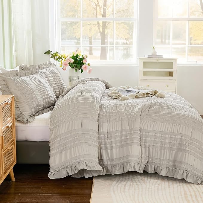 WONGS BEDDING Grey Textured Comforter Set King, 3 Pieces Ruffle Farmhouse - Image 3