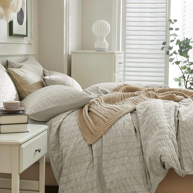 JELLYMONI Beige Duvet Cover Full Size, Soft Breathable Seersucker Duvet Cover - Image 7