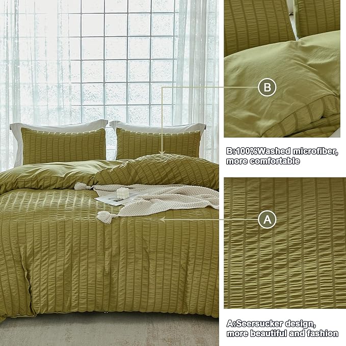 AveLom Olive Green Seersucker Duvet Cover Set Full Size, 3 Pieces, Ultra Soft - Image 7