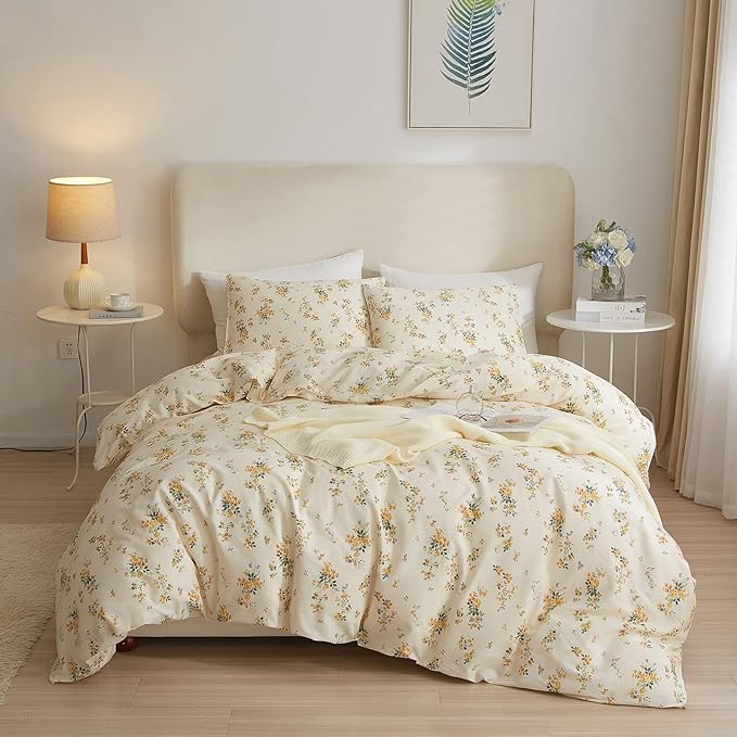 mixinni Aesthetic Floral Duvet Cover Set King Size, Farmhouse Boho Yellow by mixinni