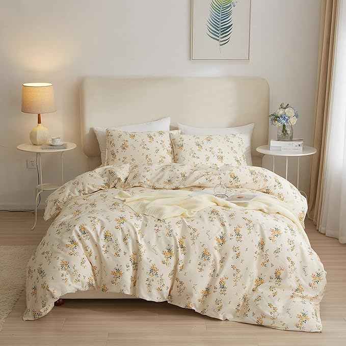 mixinni Aesthetic Floral Duvet Cover Set Twin Size, Farmhouse Boho Yellow by mixinni