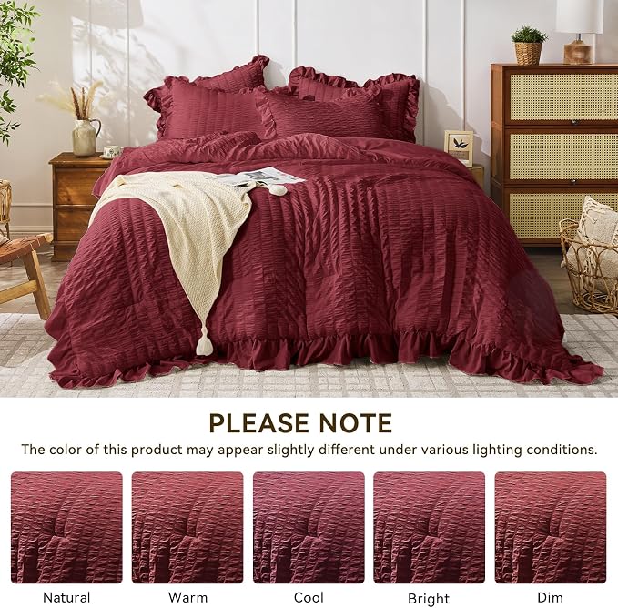 JOLLYVOGUE Queen Comforter Set, 3 Pieces Burgundy Seersucker Comforters Queen - Image 8