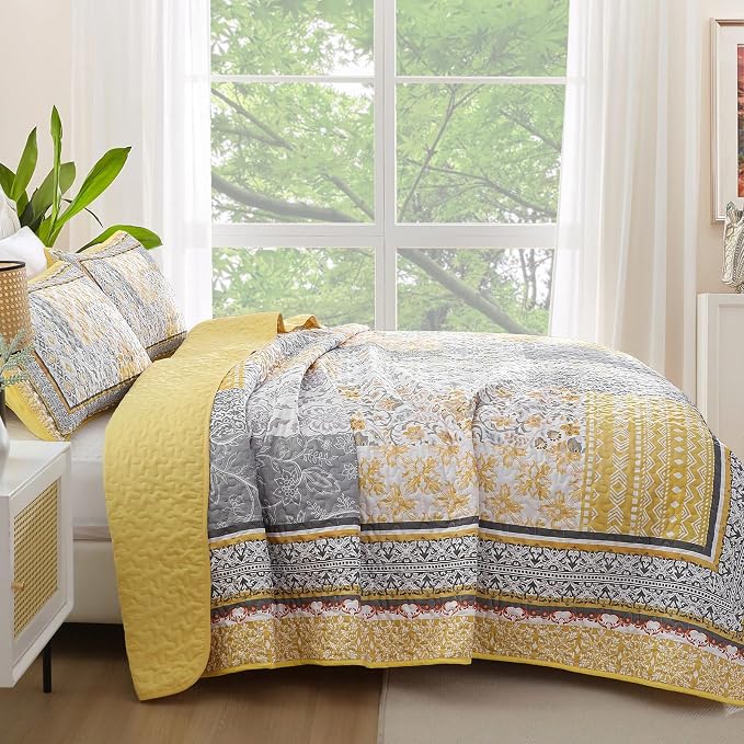 WONGS BEDDING Yellow Quilt Set Full, Bohemian Patchwork Bedspread Coverlet Set - Image 3