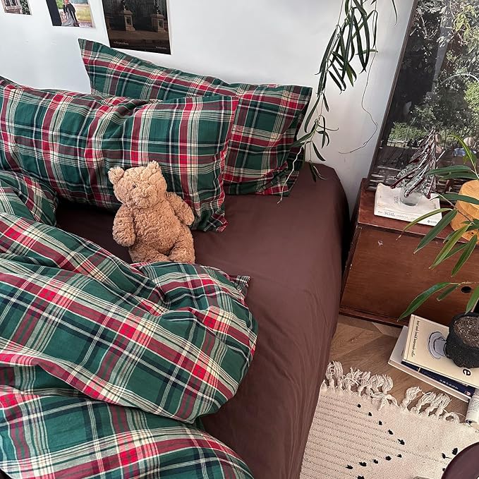 mixinni Vintage Green Buffalo Plaid Washed Cotton Duvet Cover Twin - Image 4