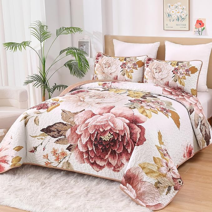 WONGS BEDDING Floral Quilt Set King, 3 Pieces Elegant Blush Flower Bedspread - Image 3
