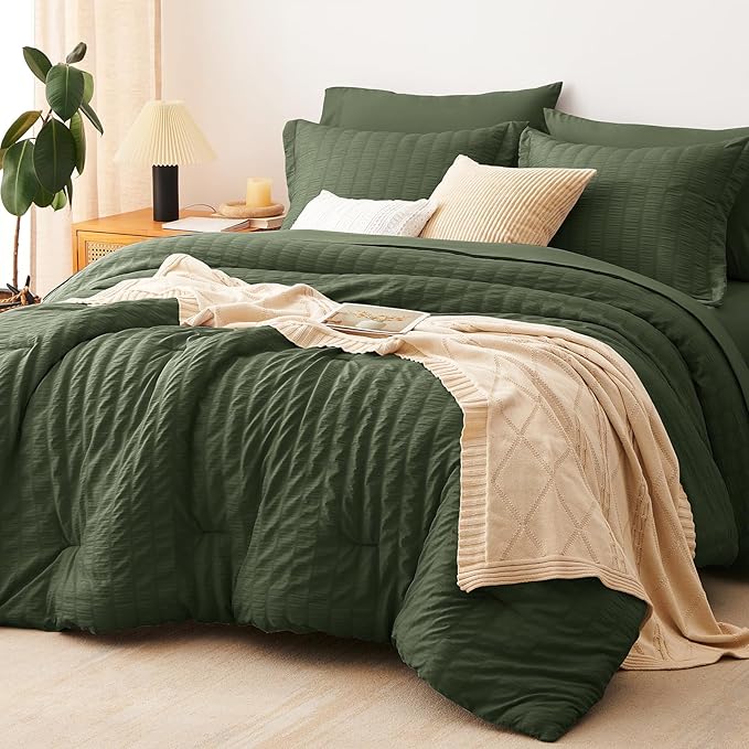 CozyLux King Size Comforter Set Olive Green Seersucker 7 Pieces Bed in a Bag by CozyLux