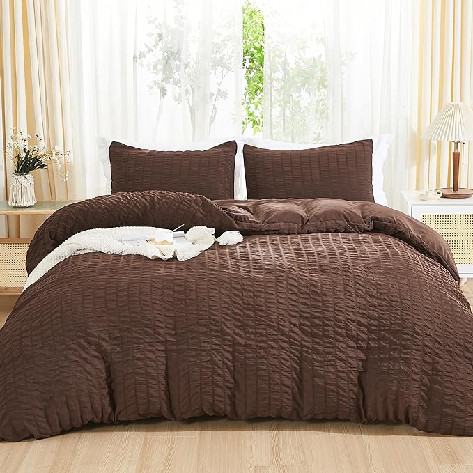 AveLom Brown Duvet Cover King, 3 Pieces, Seersucker Striped Soft Washed by AveLom