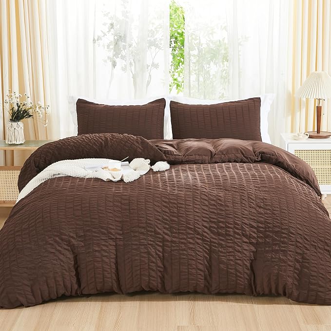 AveLom Brown Duvet Cover Full, 3 Pieces, Seersucker Tripe Soft Washed by AveLom