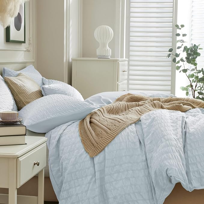 JELLYMONI Baby Blue Duvet Cover Queen Size, Soft Breathable Seersucker Duvet - Image 7