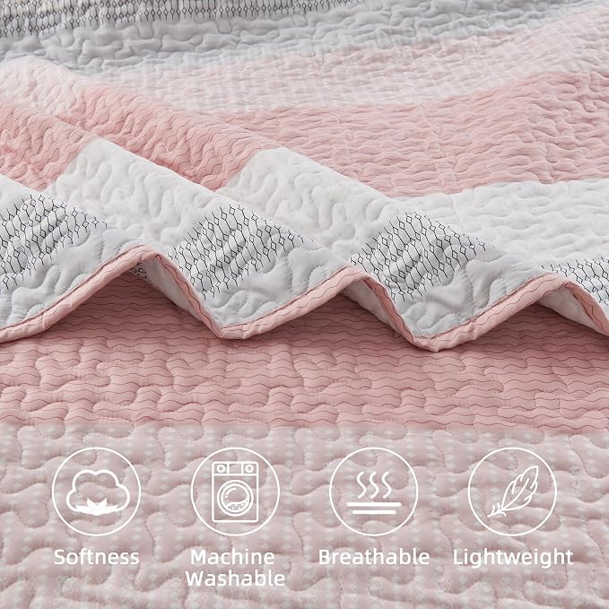 Andency Pink Quilt Cal King, 3 Pieces Patchwork Striped Bedspread Coverlet Set - Image 5