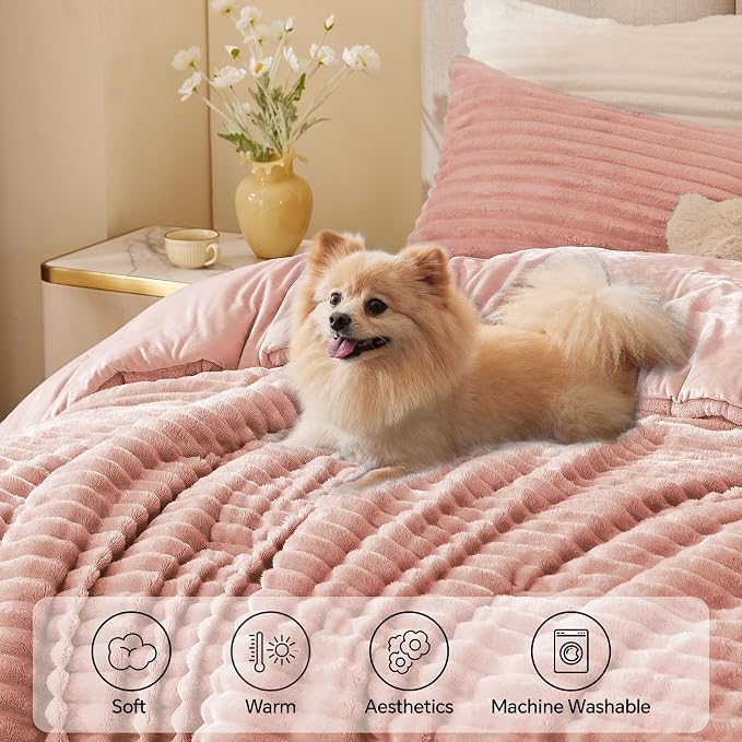 BEDELITE Fleece Full Comforter Set -Super Soft & Warm Fluffy Dusty Pink Bedding - Image 3
