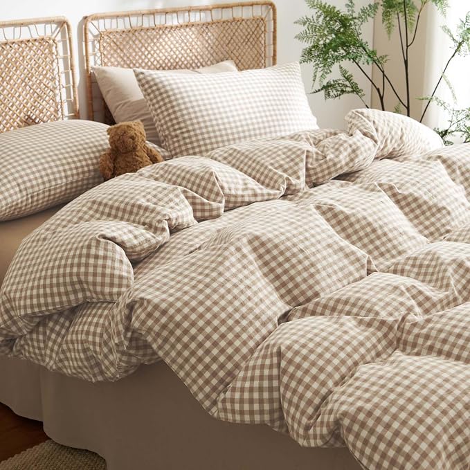 Nayoroom Gingham Duvet Cover Twin Size 100% Washed Cotton Brown Tan Plaid - Image 2