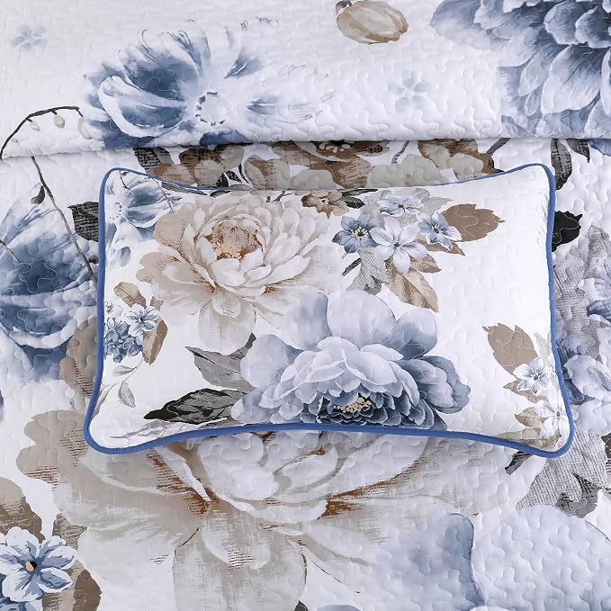 WONGS BEDDING Floral Quilt Set Blue Full Size 3 Pieces Elegant Botanical Print - Image 8