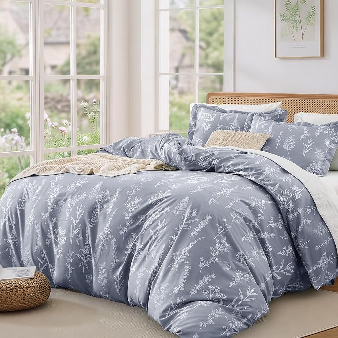 MUXHOMO Duvet Cover King Size, Reversible Floral Grey Duvet Cover Set - Image 9