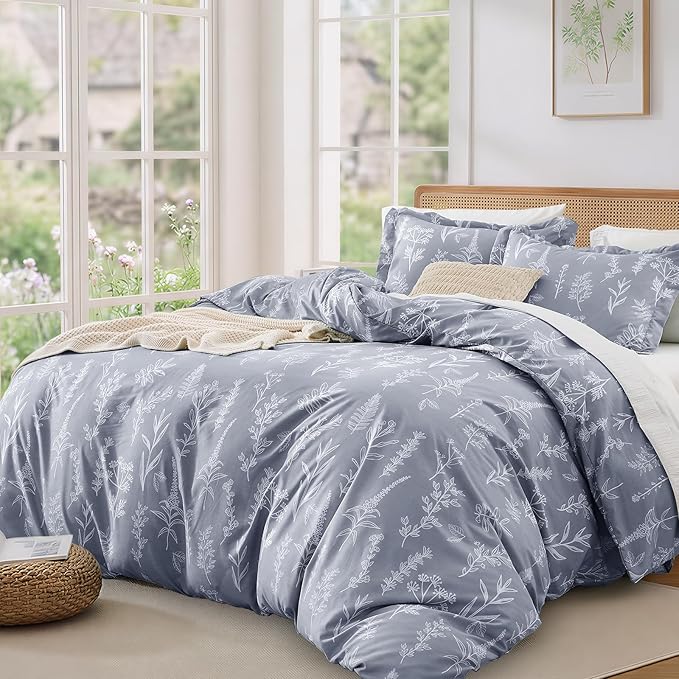 MUXHOMO Duvet Cover Full Size, Reversible Floral Grey Duvet Cover Set - Image 9