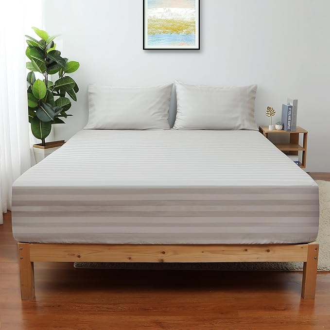 Queen Size Striped Fitted Sheet Only Light Beige Color, 100% Egyptian Cotton by ShunjieHome