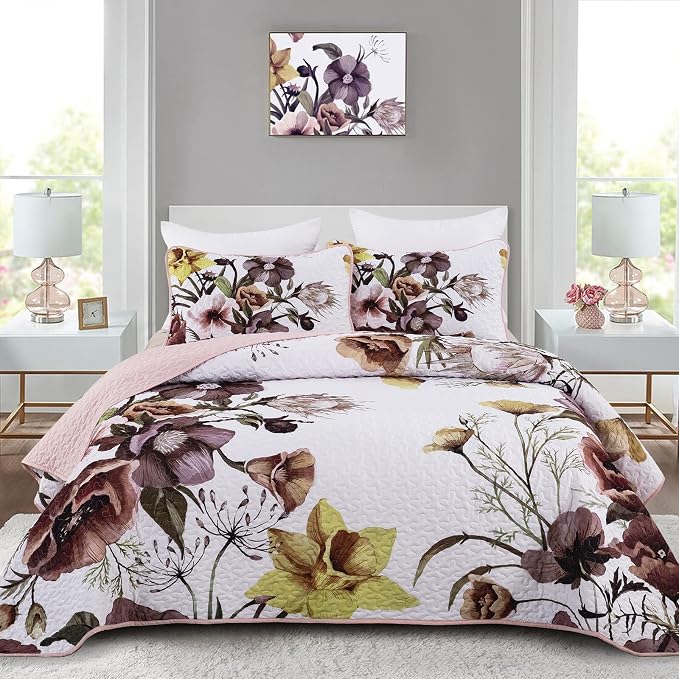 Drucon Floral Quilt Set Twin 2 Pieces Boho Blush Floral Quilt Coverlet Set Soft by DRUCON