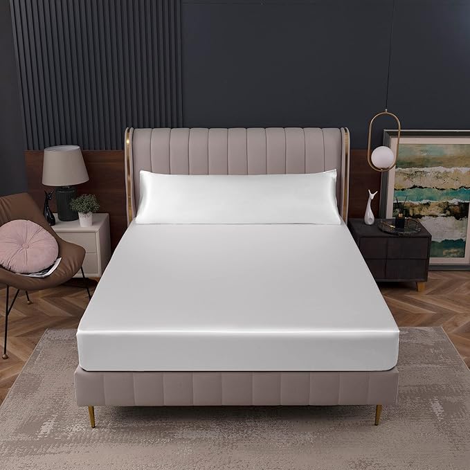 Homiest White Satin Fitted Sheet King Size, Deep Pocket, Luxury & Ultra Soft - Image 8