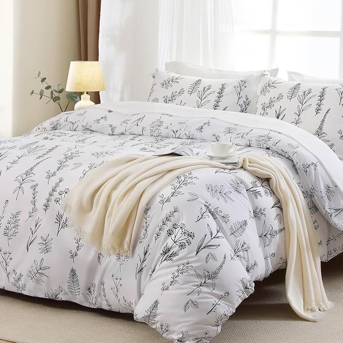 MUXHOMO Duvet Cover King Size, Reversible Floral White Duvet Cover Set - Image 3
