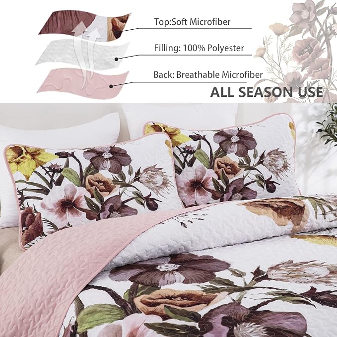 Drucon Floral Quilt Set Queen 3 Pieces Boho Blush Quilt Coverlet Set Soft - Image 5