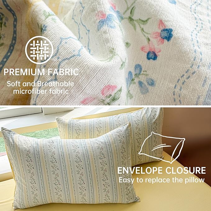 BOLINLIVING Vintage Floral Duvet Cover King Size, Reversible Blue Striped - Image 5