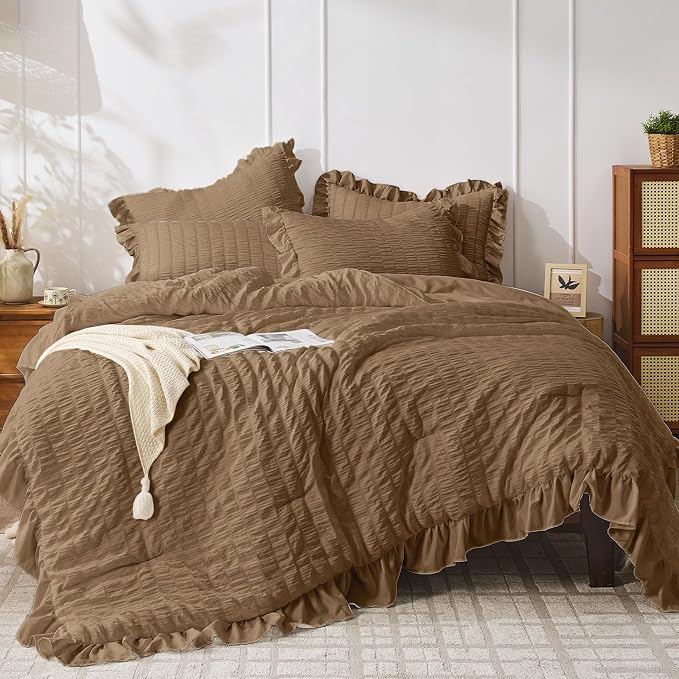 JOLLYVOGUE Full Size Comforter, 3 Pieces Oak Brown Seersucker Lightweight Full by JOLLYVOGUE